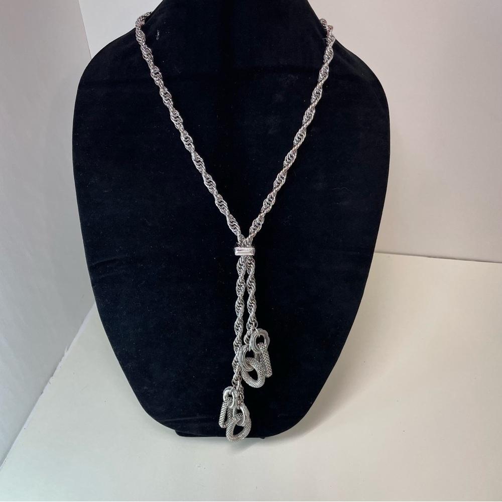 Vintage Chunky Rope Chain Silver Tone Lariat Square Slide Necklace